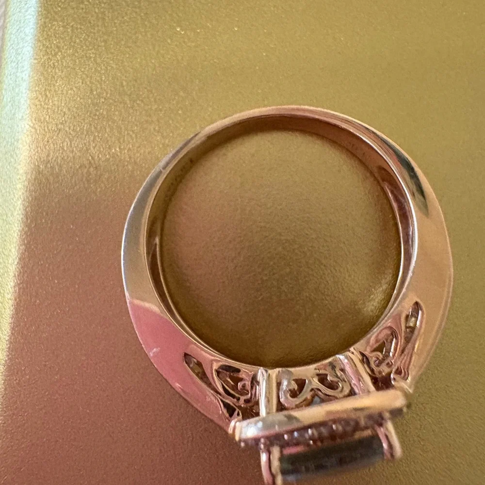 LeVian 14k Strawberry Gold Ring Blue stone surrounded by Diamonds & Baguettes - Picture 7 of 11